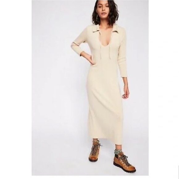 Free People Dresses & Skirts - Free People Beach Long Sleeve V Neck Tan Maxi Dress Size Large